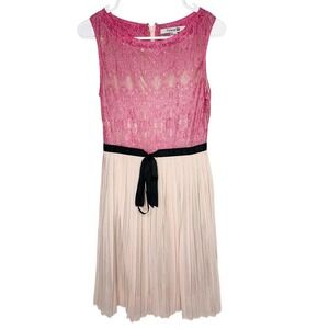 Vtg Forever 21 Women Y2K Pink‎ Dress Lace Pleated Tie Bow Twee Coquette